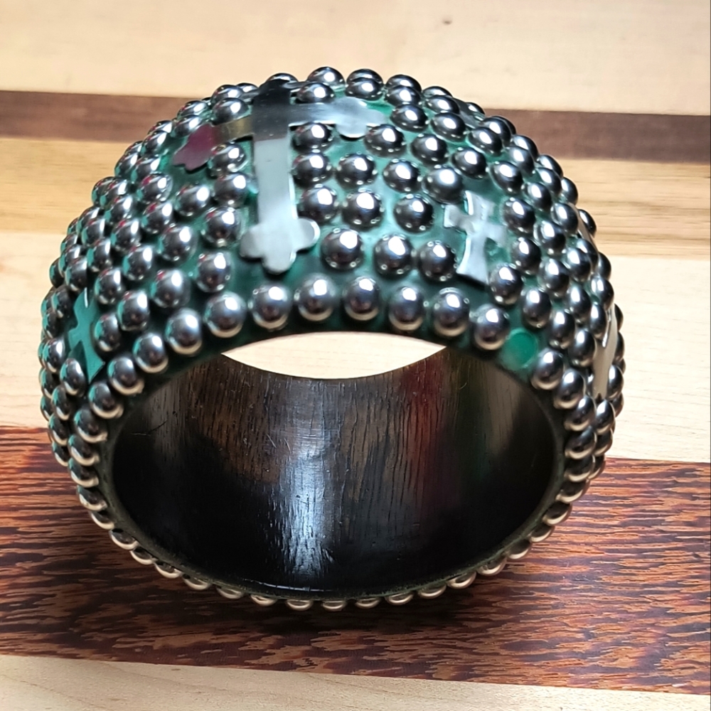 Bangle Bracelet Studded Gothic Cross Wood Silver